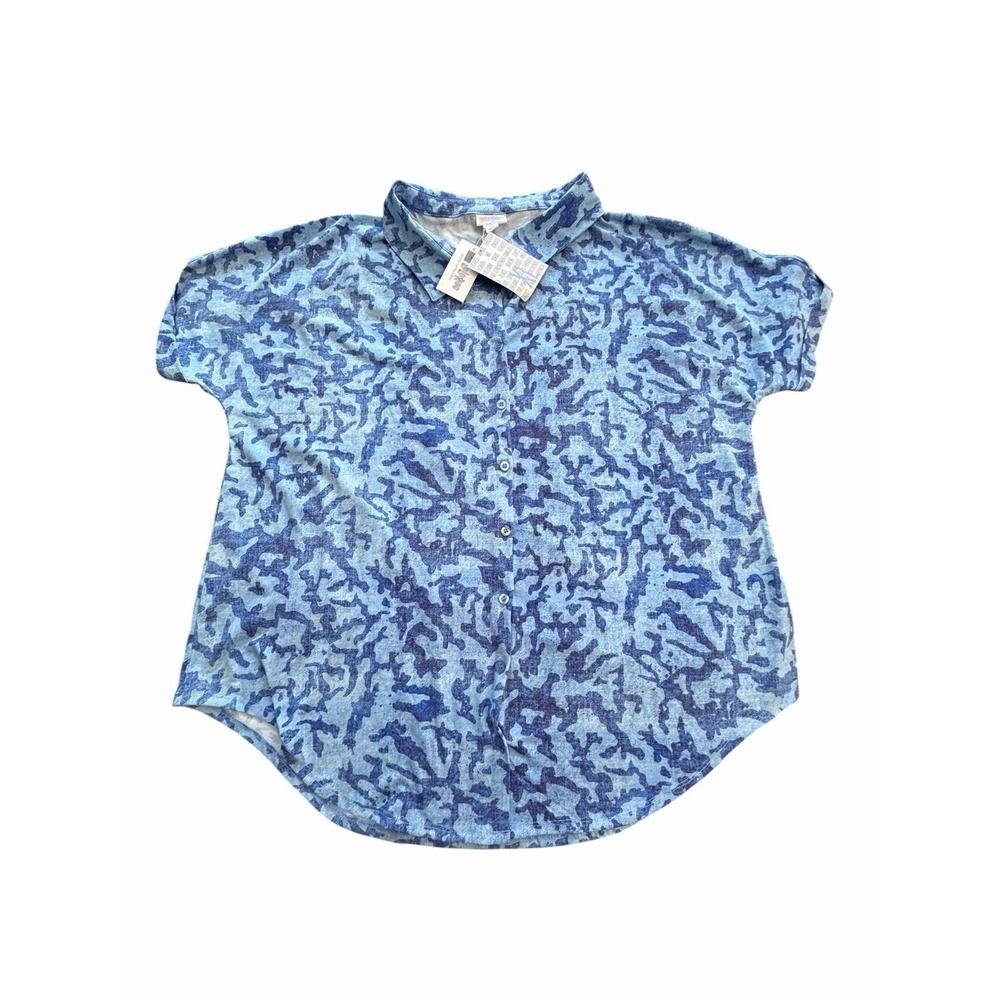 Lularoe Shirt Women's Size XL Charlie Button Up Top Blue Short Sleeve #DDD7-1